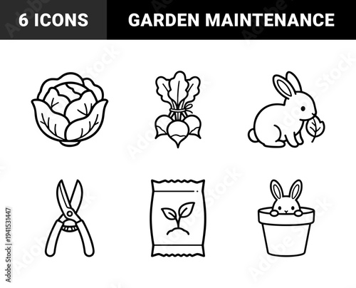 Garden cultivation and urban farming linear symbols. Minimalist monoline pictograms featuring organic vegetables, rabbit mascot, pruning shears, and irrigation equipment.
