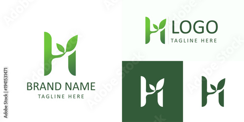 H bio logo with growing leaf plant for eco organic natural brand identity