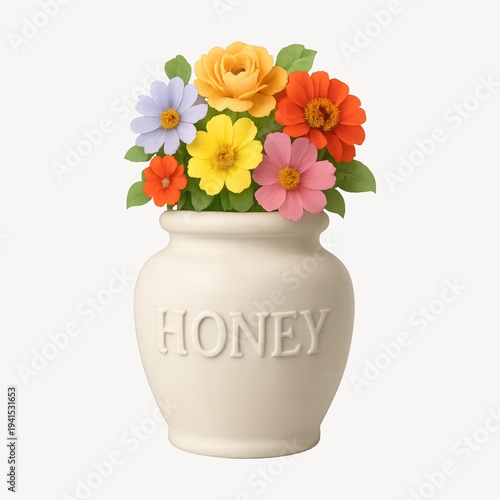 Colorful flowers in honey jar.