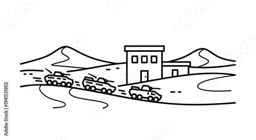 Military convoy on desert road near building, convoy, military, desert, road, convoy, desert road