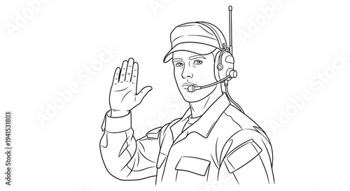 Military communication officer with headset and microphone, raising hand in greeting or signal.