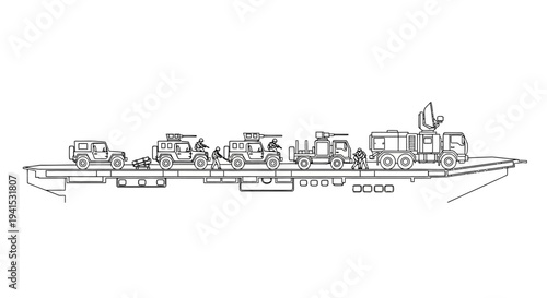 Military convoy on a transport ship, diverse vehicles, historical illustration