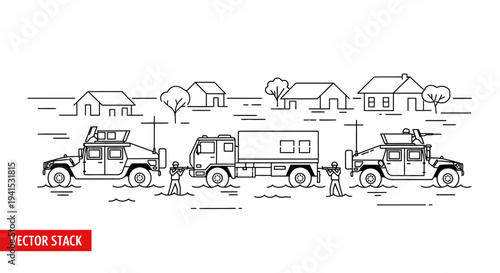 Military Convoy with Humvees and Truck in a Village Setting