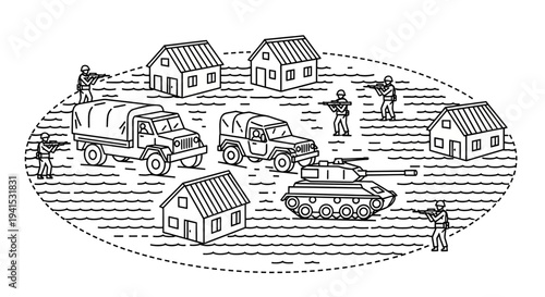 Military convoy with tank and soldiers in a village, wartime scene, illustration