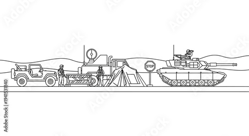 Military convoy with tank, jeep, truck, tent, and soldier in desert landscape