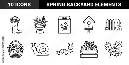 Garden and spring season line art illustrations for backyard landscaping and organic farming. Minimalist monoline silhouettes featuring birdhouses, flowers, and insects.