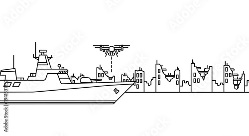 Military Drone Launch from Warship near Destroyed City Skyline, War Concept