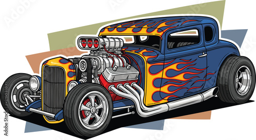 Classic Blue Hot Rod Car with Fiery Flames.
