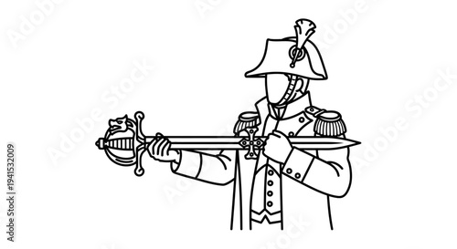 Military Officer Holding Sword, Historical Uniform, Vintage Illustration