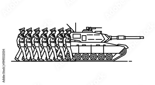 Military parade: soldiers marching in formation with a battle tank