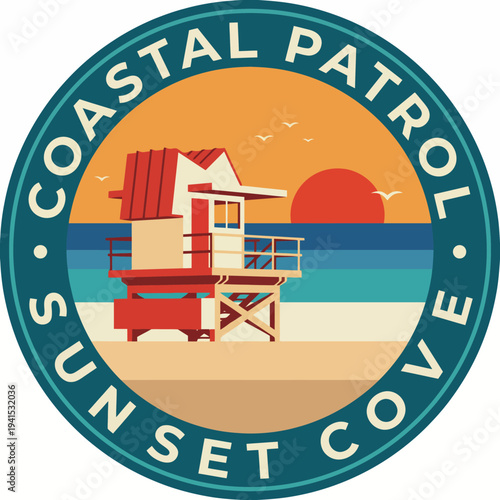 A vibrant and stylized depiction of a lifeguard station at Sunset Cove, highlighting elements of safety, beach life, and the beauty of sunsets by the ocean.