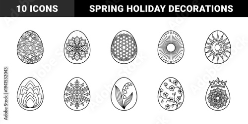 Easter egg coloring pages with intricate floral and geometric patterns. Ornamental spring holiday line art featuring mandala and nature motifs.