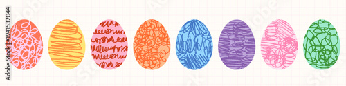 Colorful doodle Easter vector egg shapes with different hand painted scribble textures, fun scrapbook graphic design elements for greeting cards and banners