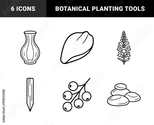 Botanical gardening and floristry elements in monolinear style featuring organic seeds, blooming lupine, ceramic vase, and nutrient soil packaging.