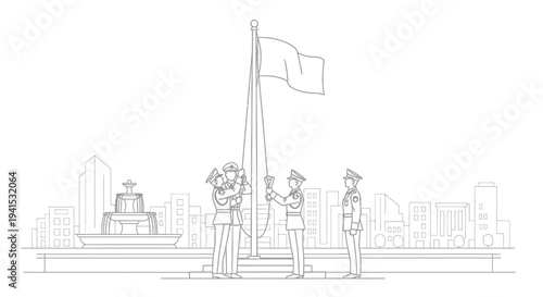Military personnel raising flag on flagpole with cityscape background, vector illustration