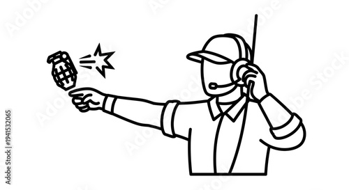 Military personnel holding a grenade, tactical operations, communication headset, action, danger