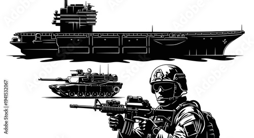 Military Power: Aircraft Carrier, Tank, and Soldier with Rifle - Black and White Illustration