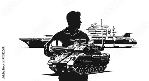 Military Power: Soldier, Tank, and Aircraft Carrier - Symbolizing Defense and Strength