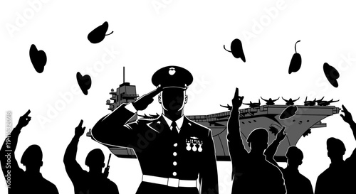 Military Salute Farewell to Aircraft Carrier, Soldiers Throwing Hats in Air