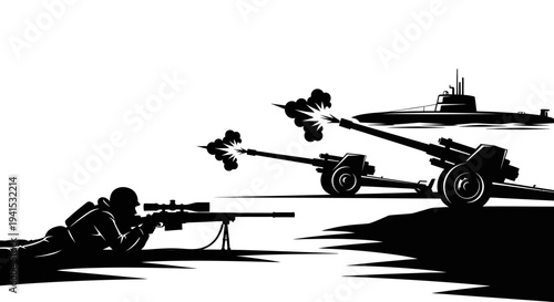 Military Silhouette: Sniper Aims, Artillery Fires, Submarine Surfaces