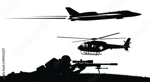 Military Silhouette: Soldier Sniper, Helicopter, and Jet Fighter in Action