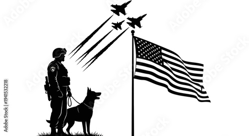 Military Soldier and Dog Salute American Flag with Fighter Jets Overhead