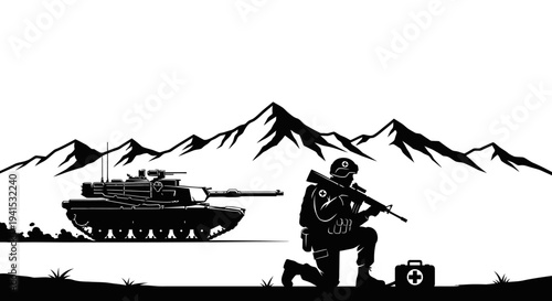 Military Soldier and Tank Silhouette in Mountain Landscape
