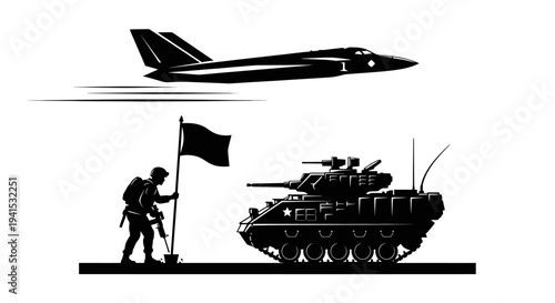 Military Soldier Planting Flag Beside Tank with Fighter Jet Flying Overhead