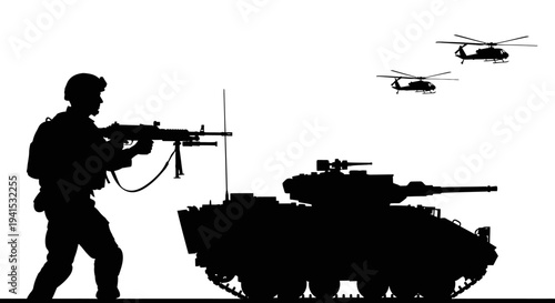 Military Silhouette: Soldier, Tank, and Helicopters in Action