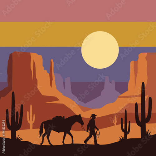A stunning silhouette scene of a cowboy walking with a horse against a vibrant desert sunset, capturing the essence of adventure and the great outdoors in an artistic style.
