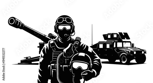 Military Soldier with Artillery and Humvee - Black and White Graphic