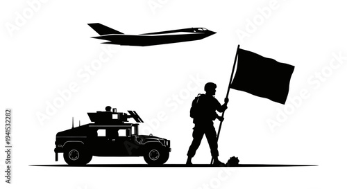 Military Soldier with Flag, Humvee, and Jet Silhouette