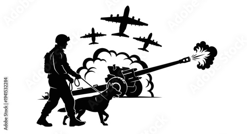 Military Soldier With Dog, Artillery Gun, Fighter Jets, And Smoke - Silhouette