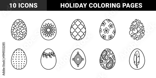 Easter egg coloring page with diverse organic and geometric patterns. Minimalist monoline black and white line art for festive spring holiday activities.