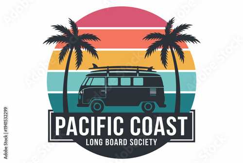 This vibrant graphic features a classic van and palm trees under an appealing color scheme, embodying the spirit of surfing culture and the laid-back lifestyle of the Pacific Coast.