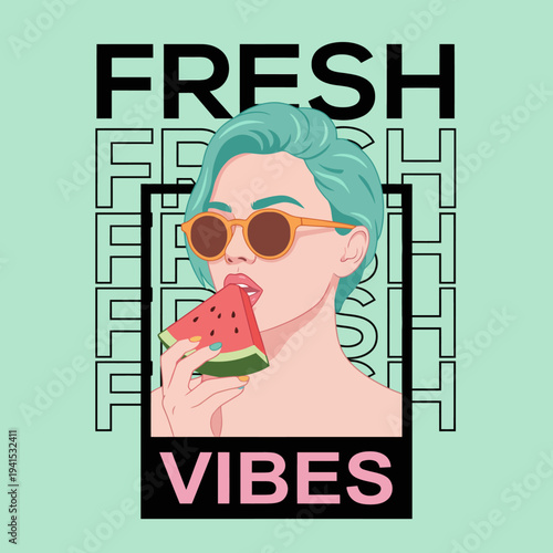 This fun and vibrant illustration portrays a stylish woman savoring watermelon, radiating freshness and laid-back vibes, appealing to youthful energy and joy.