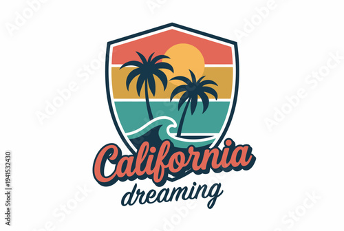 An artistic representation of California with palm trees and a sunset, capturing the essence of beach life, relaxation, and carefree summer spirit.