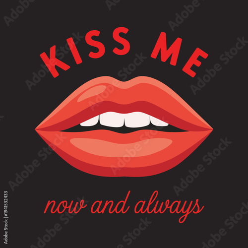 A vibrant graphic featuring stylized lips and the phrase 'Kiss Me' to evoke themes of romance, attraction, and affection in a modern art style.