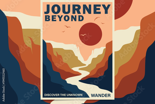 A beautifully illustrated landscape poster featuring vibrant colors and abstract shapes that inspire exploration, adventure, and the thrill of chasing the unknown.
