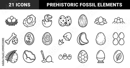 Prehistoric dinosaur eggs and paleontology discovery elements. Bold black and white monoline illustrations featuring fossils, nests, and hatching reptiles.