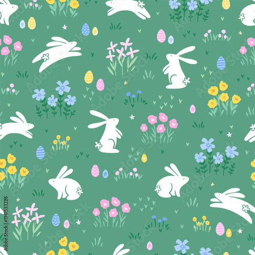 Cute hand drawn Easter seamless pattern with bunnies, flowers, easter eggs, beautiful background, great for Easter Cards, banner, textiles, wallpapers - vector design