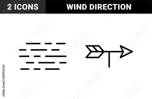 Wind direction and atmospheric flow indicators for weather forecasting. Technical monoline graphics representing meteorology and wind speed concepts.