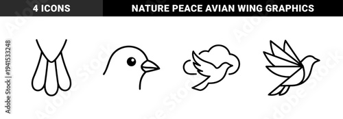 Avian wildlife and peace symbols for environmental branding. Technical monoline pictograms featuring bird silhouettes, flight, and cloud elements.