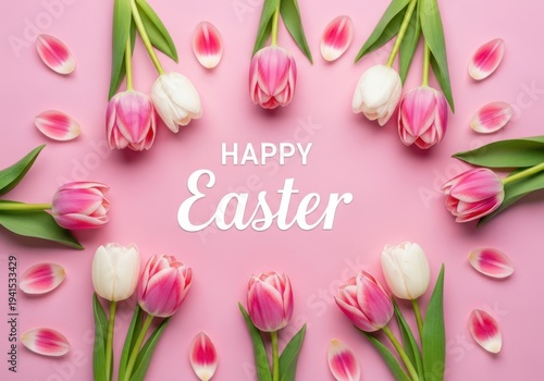 A pink easter card with flowers and the words happy easter