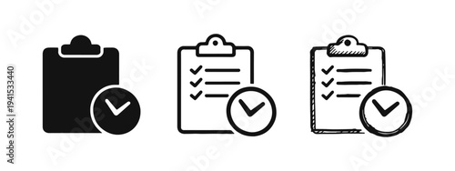 Clipboard with checklist and checkmark icon set. Task completion, project management, and planning symbols in flat, outline, and hand-drawn styles.