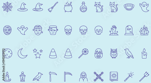 A collection of Halloween-themed icons in purple line art on a light blue background, featuring various spooky and festive symbols, perfect for use in designs, invitations, and decorations.