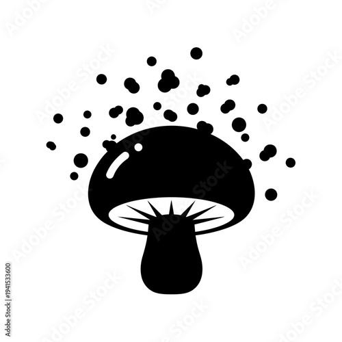 Whimsical Black and White Icon of a Mushroom Releasing Spores, Perfect for Nature and Fungi Enthusiasts