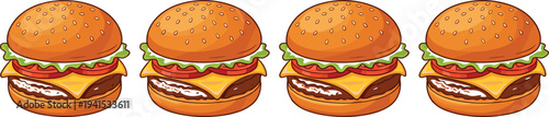 Cheeseburger fast food illustration set with sesame bun, beef patty, cheese, lettuce and tomato, tasty hamburger vector collection
