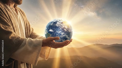 Jesus Christ holding the glowing planet earth in his hands. Symbol of divine creation and cosmic protection at sunrise. Religious faith and spiritual connection.