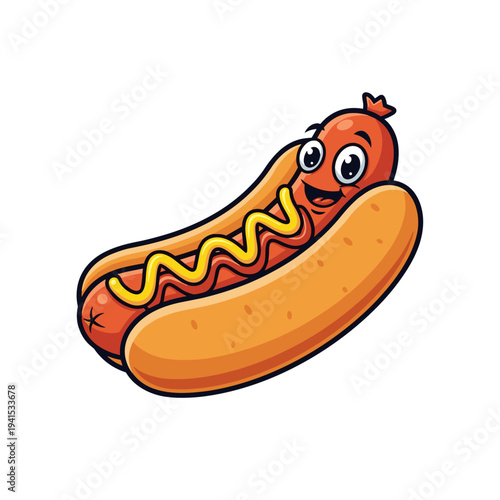 Cartoon hot dog character with mustard in a bun smiling happily